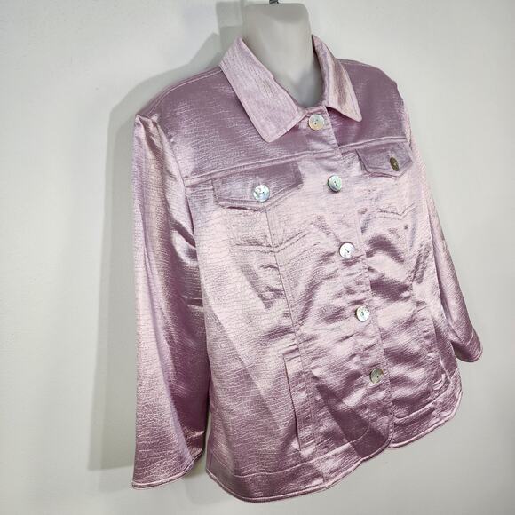 Ruby Rd Jacket Womans Size 12 Shimmery Textured Button Up Purple Pockets 3/4 Slv - Picture 4 of 12